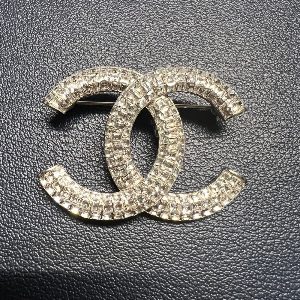 COPY - CHANEL Silver Crystal Brooch Iconic Interlocking CC Design
